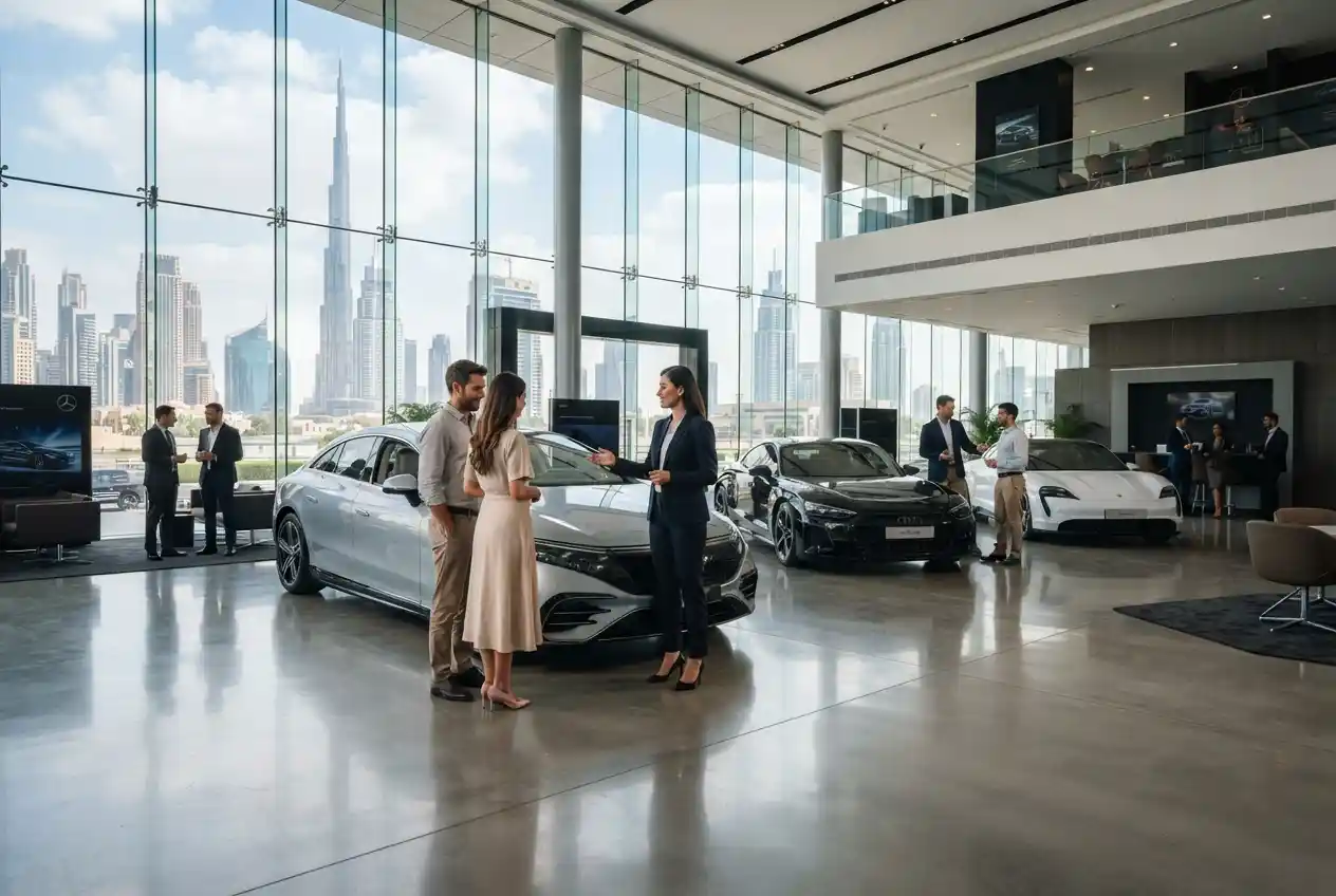 Modern automotive showroom representing car companies in the UAE