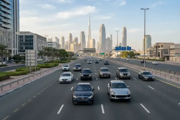 Car insurance companies UAE guide with vehicles on a Dubai highway