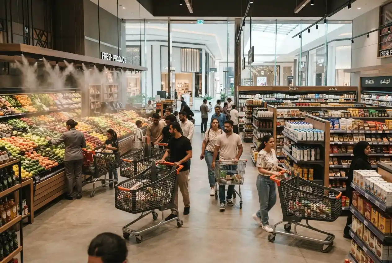 Modern community supermarket serving residents in a Dubai residential neighborhood.