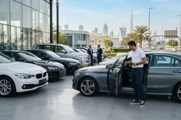 Buyer viewing used cars at a nearby UAE dealership