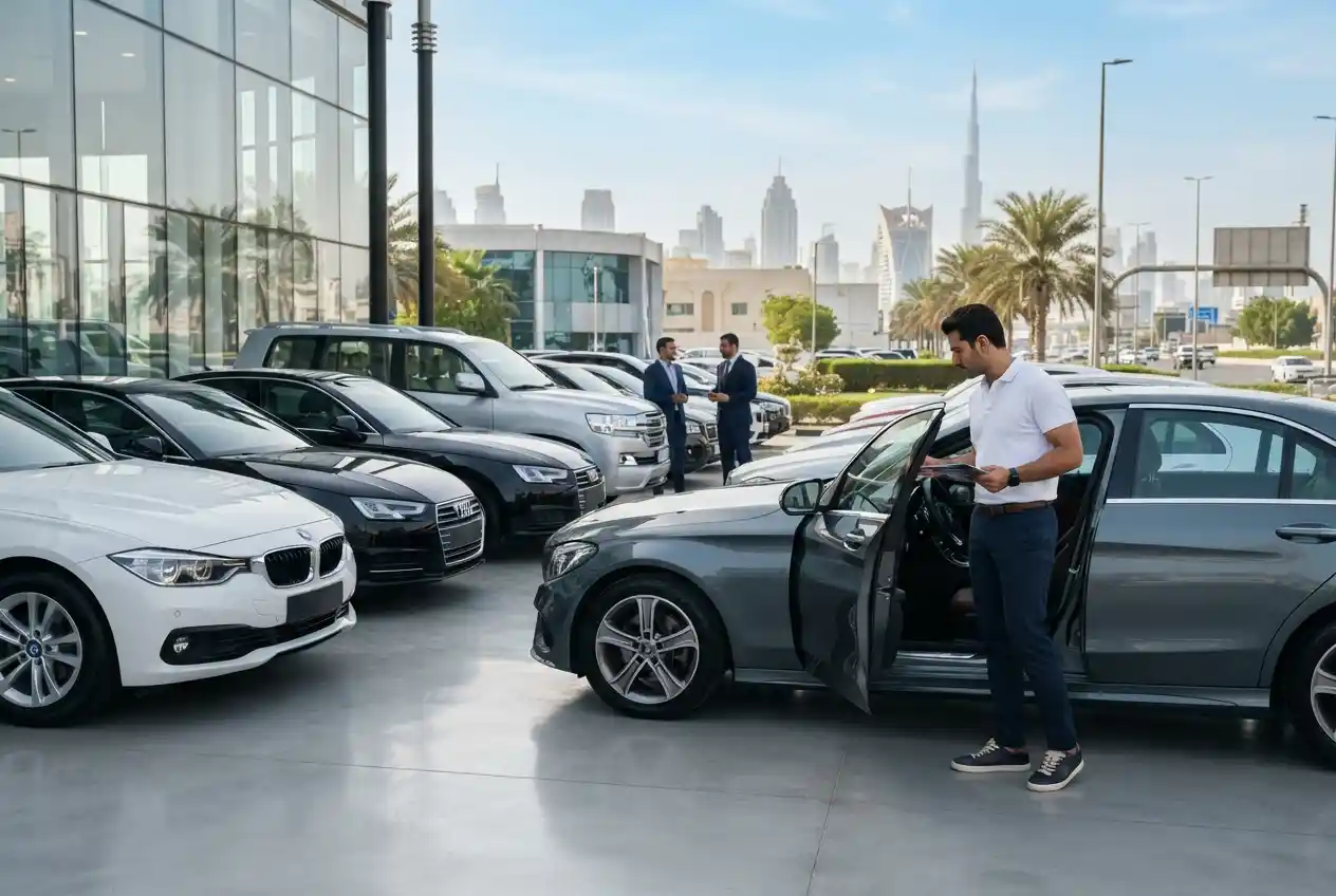 Buyer viewing used cars at a nearby UAE dealership