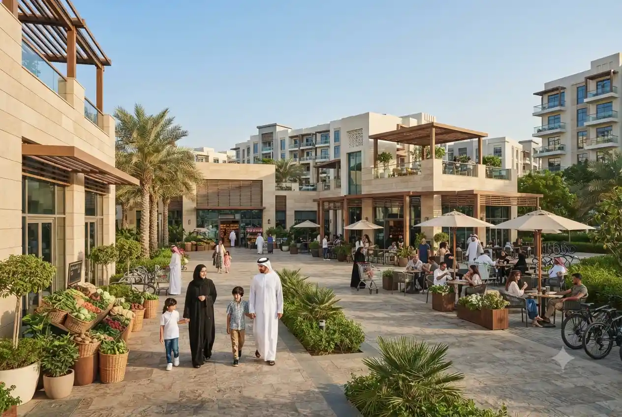 Residents shopping at a modern community market in the UAE.