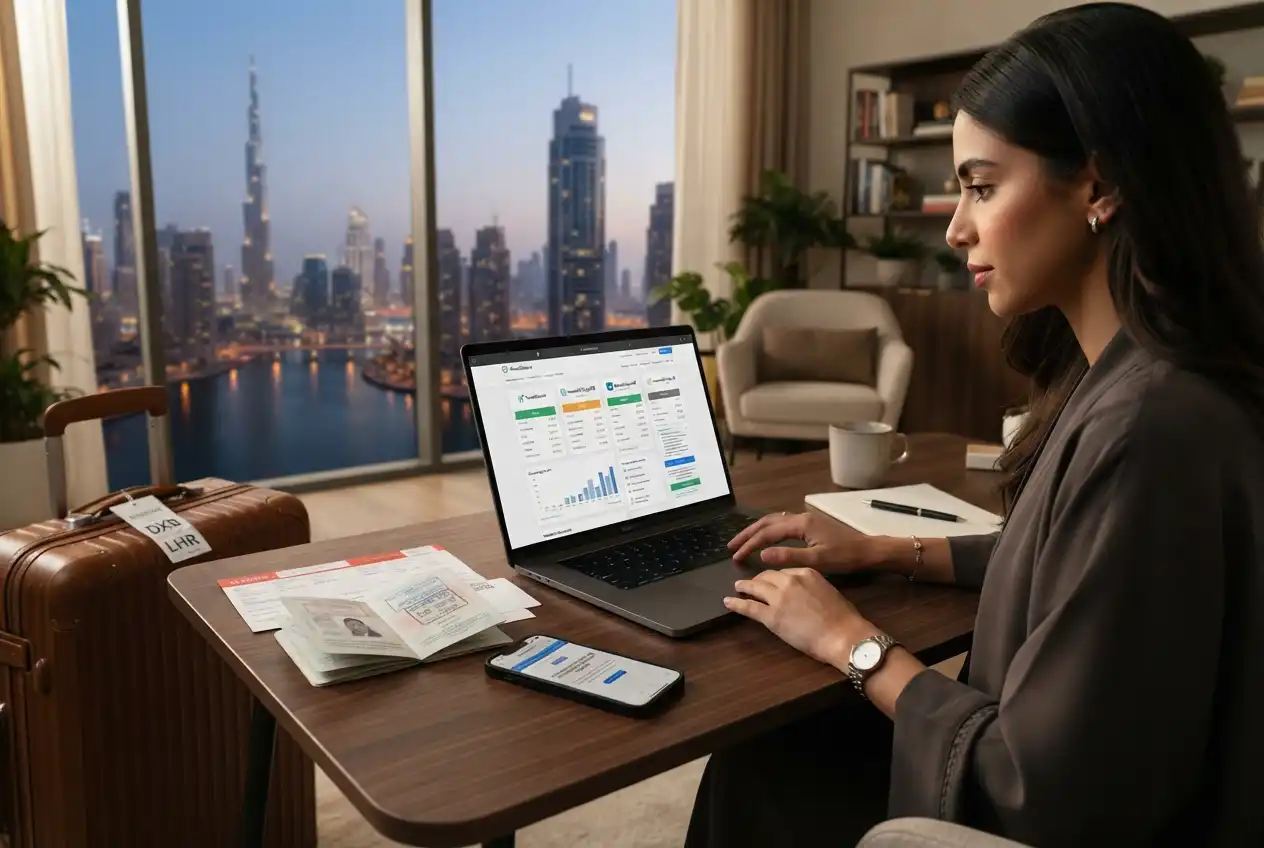 UAE traveler comparing travel insurance policies before an international trip