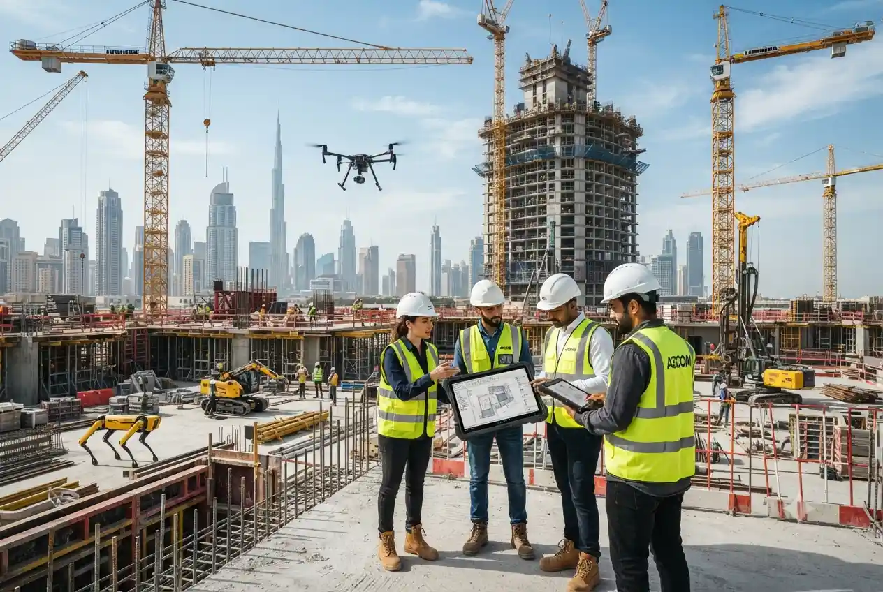 Engineers using advanced construction technology on a modern UAE building project