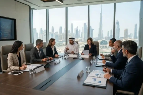 Corporate governance board meeting in a modern Dubai office