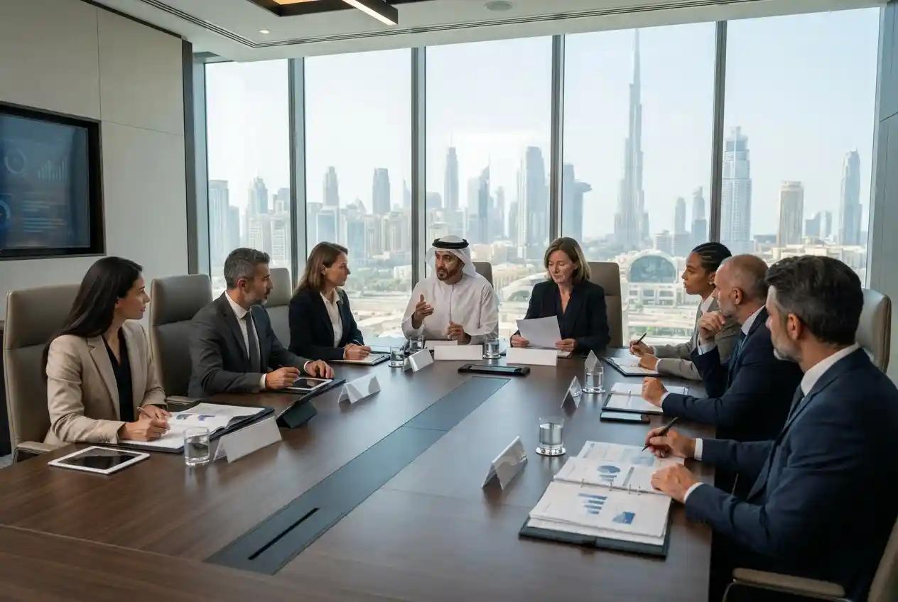 Corporate governance board meeting in a modern Dubai office