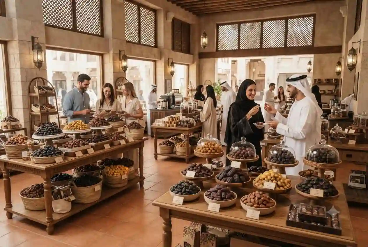 Premium varieties of dates displayed in a specialty market in the UAE.