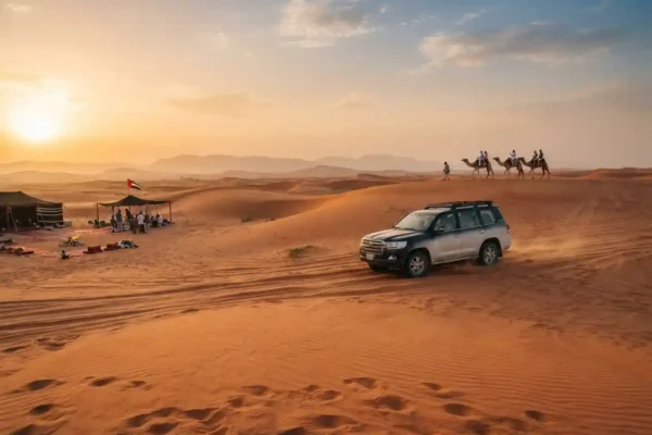 Desert adventures tourism experience with dunes and safari vehicles in the UAE