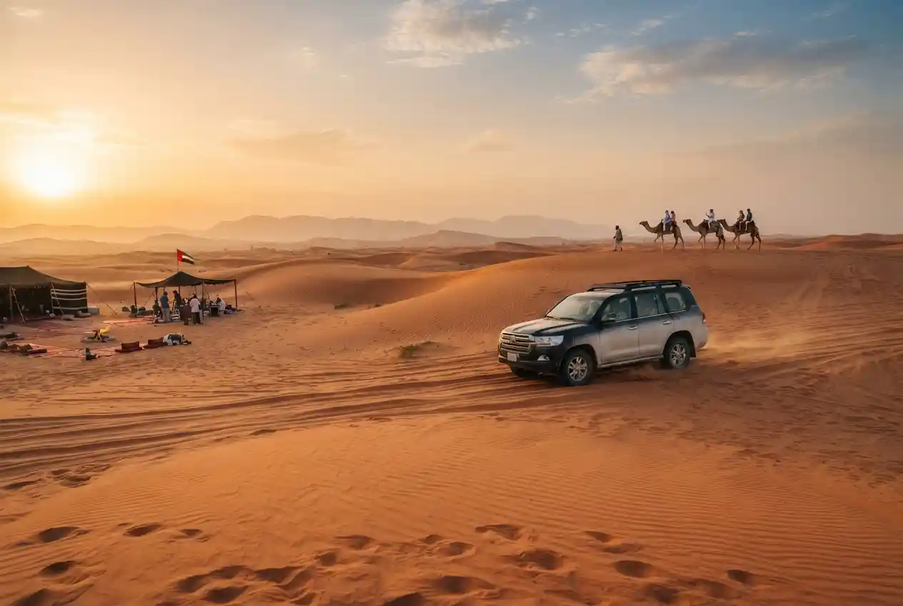 Desert adventures tourism experience with dunes and safari vehicles in the UAE