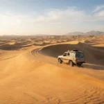 4x4 vehicle exploring golden dunes on a Dubai desert tour