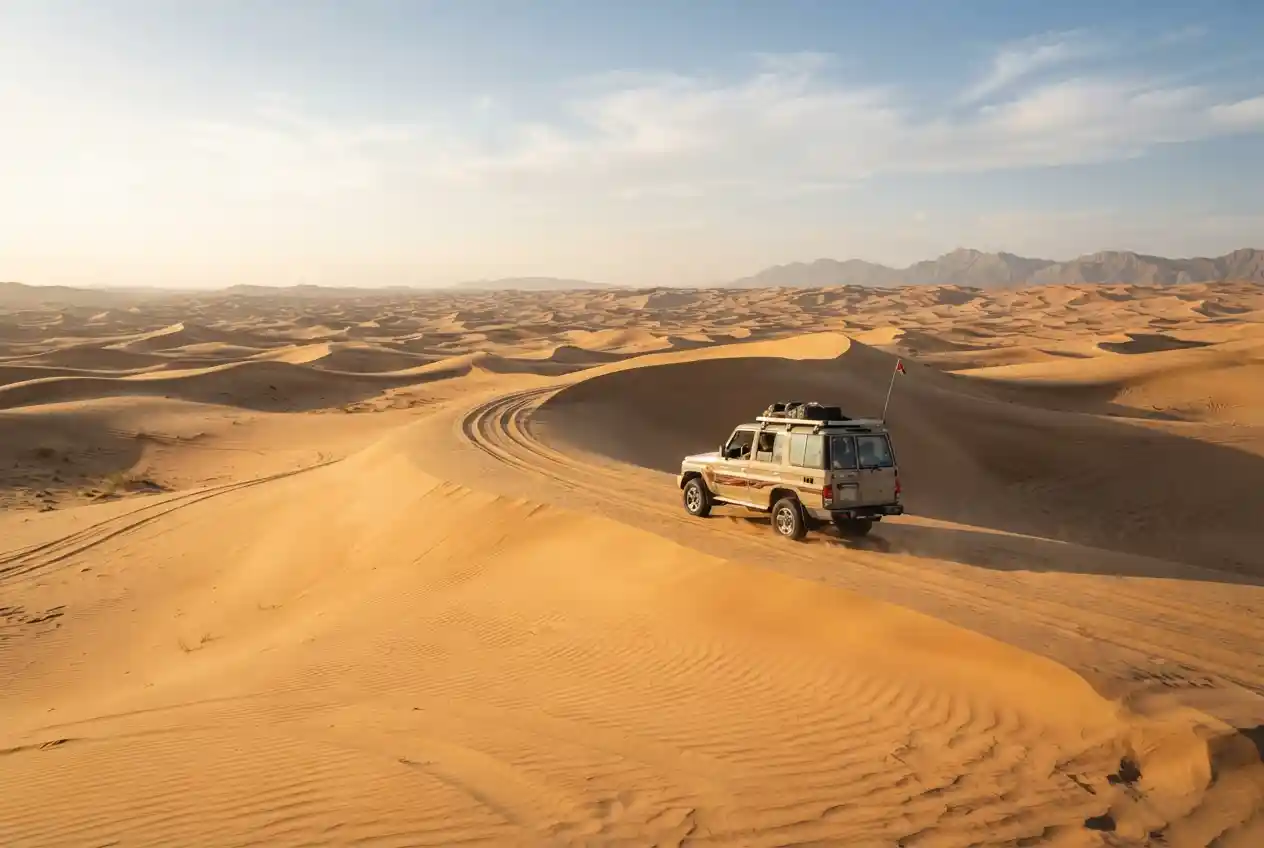 4x4 vehicle exploring golden dunes on a Dubai desert tour