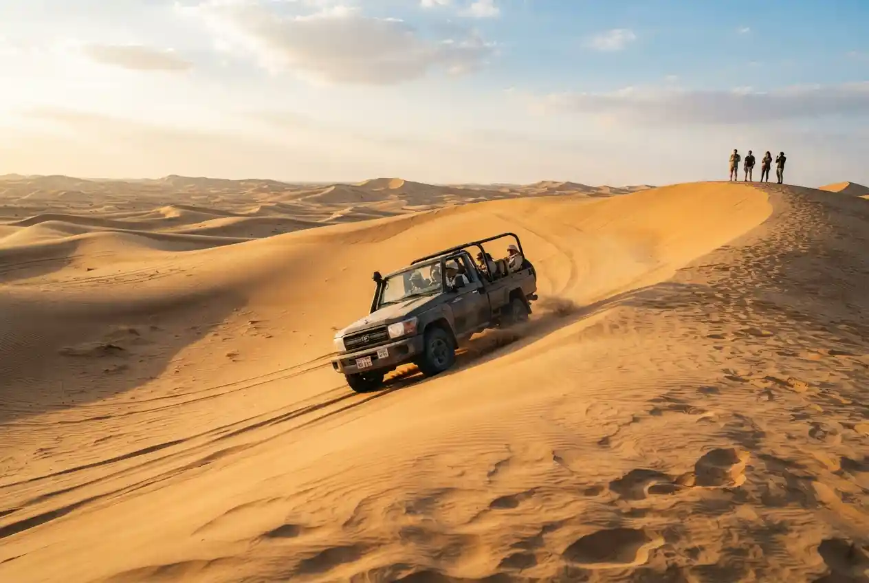 4x4 vehicle climbing a sand dune during a Dubai adventure