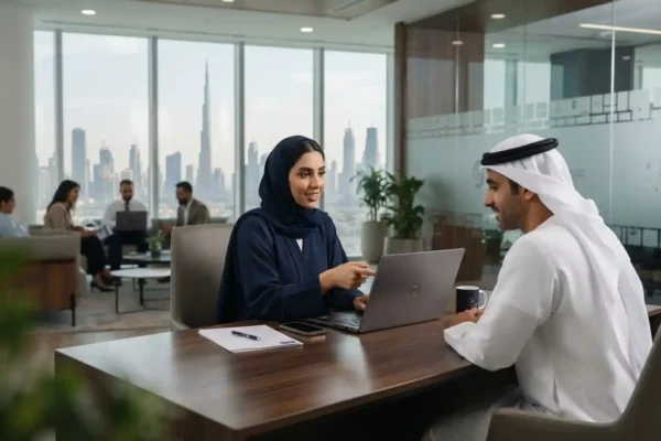 Dubai insurance customer support representative helping a customer