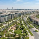 Modern off-plan residential developments in Dubai South with landscaped community and contemporary buildings.