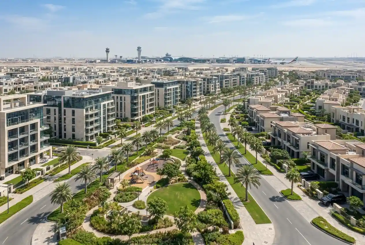 Modern off-plan residential developments in Dubai South with landscaped community and contemporary buildings.