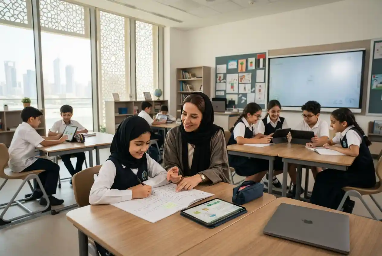 Teacher conducting student assessment in a UAE classroom