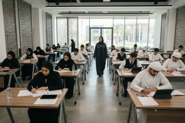 Students taking educational tests and academic exams in a UAE classroom