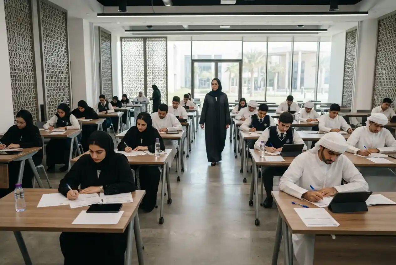 Students taking educational tests and academic exams in a UAE classroom