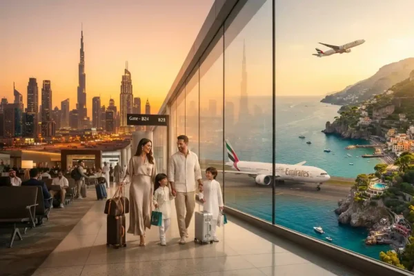 Dubai skyline and international travel scene for Eid travel packages