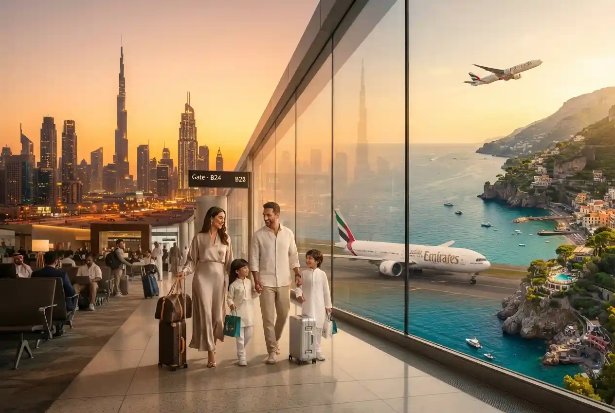 Dubai skyline and international travel scene for Eid travel packages