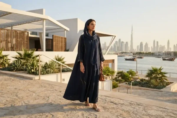 Contemporary Emirati fashion featuring a modern abaya in Dubai