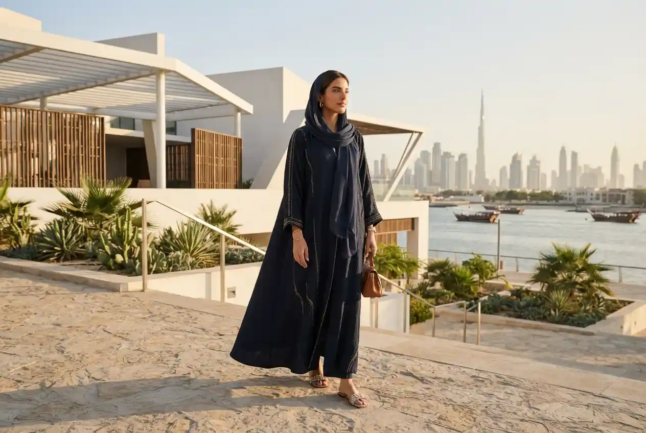 Contemporary Emirati fashion featuring a modern abaya in Dubai