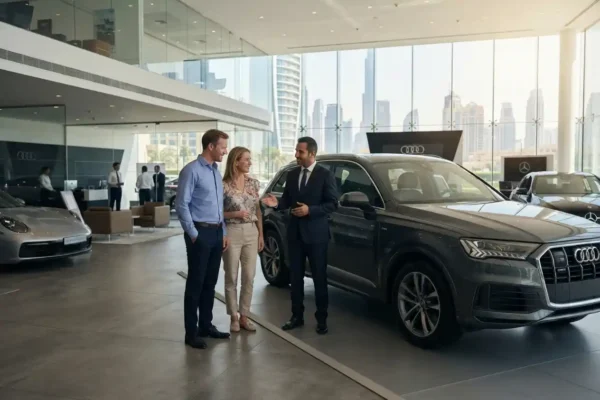Expat buyers discussing a used car with a UAE dealership representative