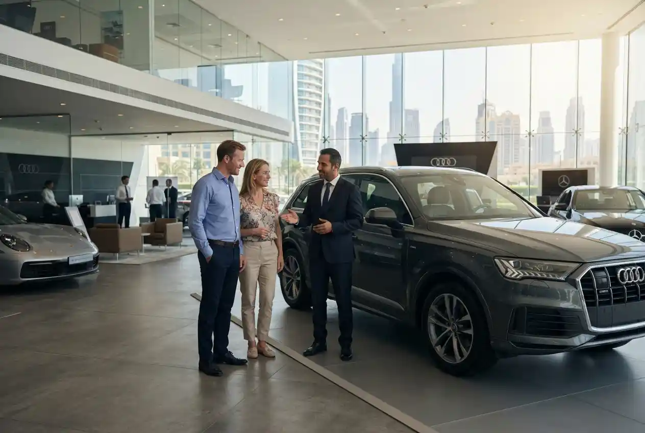 Expat buyers discussing a used car with a UAE dealership representative