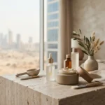 Face beauty cream and facial skincare products on a modern vanity