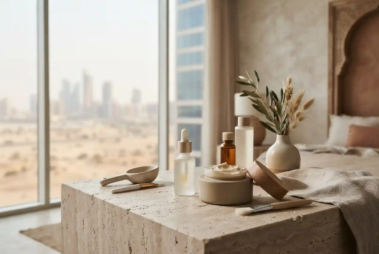 Face beauty cream and facial skincare products on a modern vanity