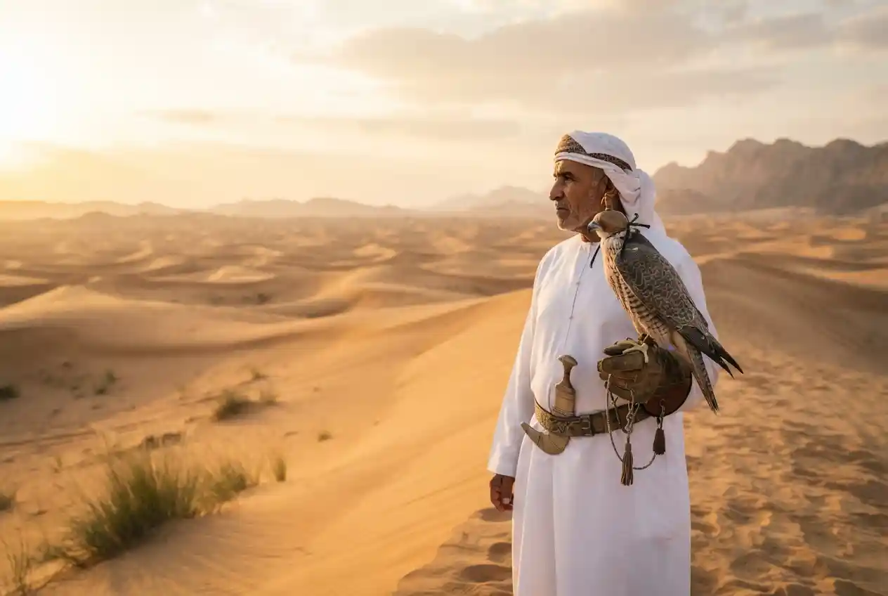 Falcon experience in the UAE desert showcasing traditional falconry