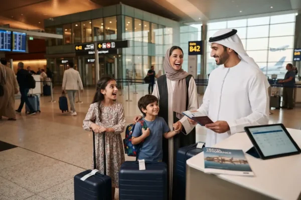UAE family preparing for international travel with insurance documents