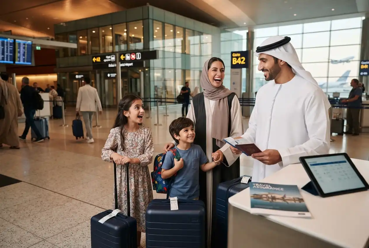 UAE family preparing for international travel with insurance documents