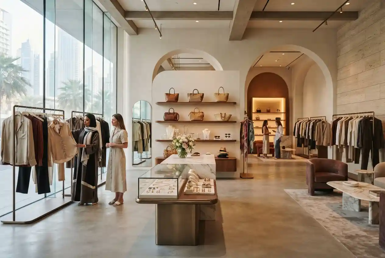 Stylish fashion boutique interior with clothing and accessories in Dubai
