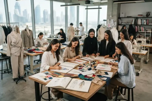 Fashion design students developing sketches and clothing concepts in a UAE design studio