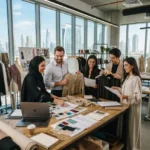 Fashion professionals working on clothing designs in a Dubai creative studio