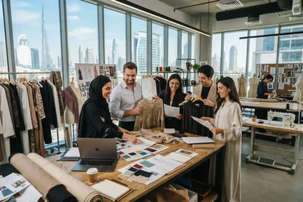 Fashion professionals working on clothing designs in a Dubai creative studio