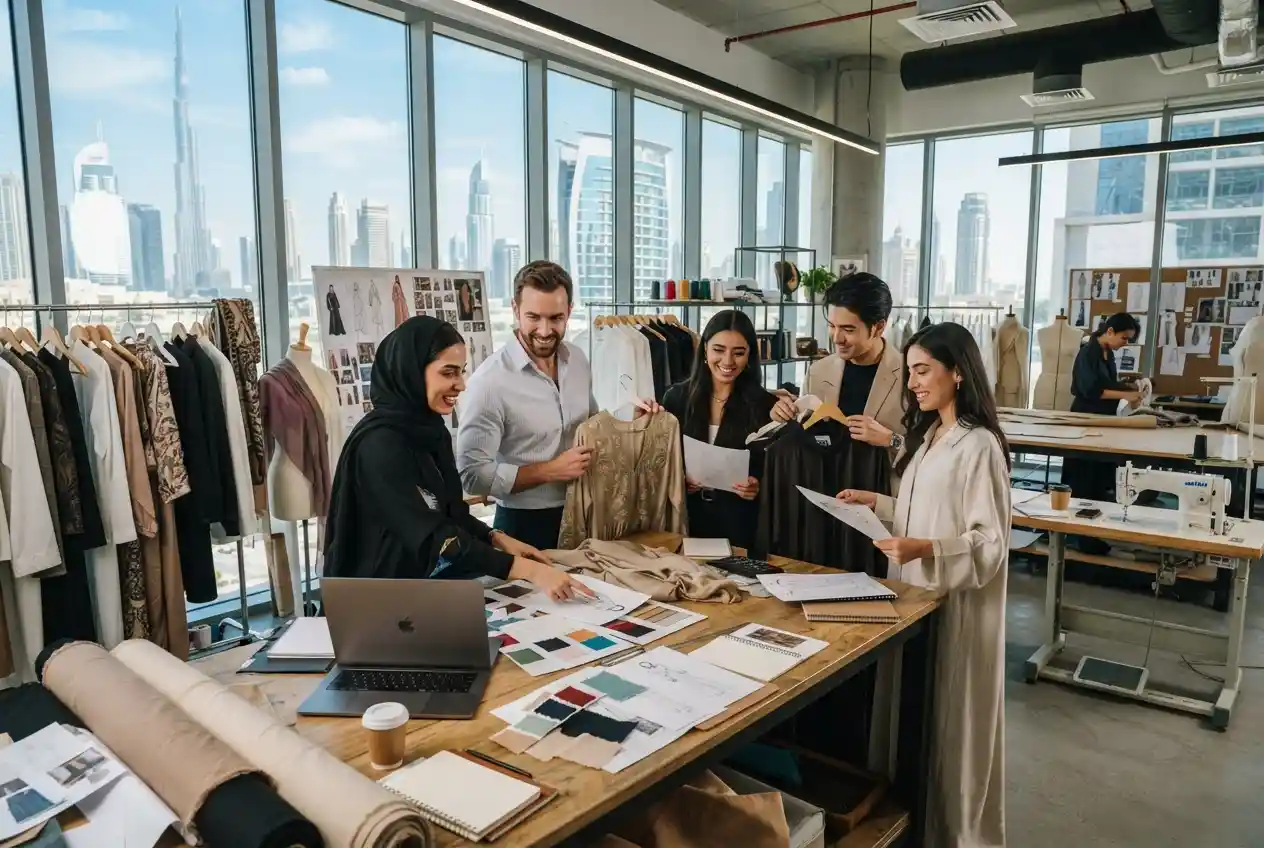 Fashion professionals working on clothing designs in a Dubai creative studio