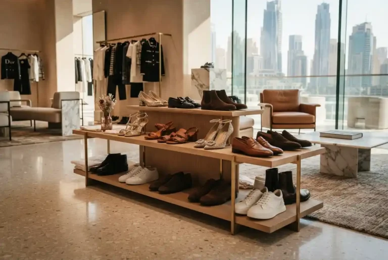 Stylish fashion shoes for men and women displayed in a Dubai setting
