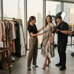 Fashion stylist preparing outfits during a professional fashion photoshoot in Dubai