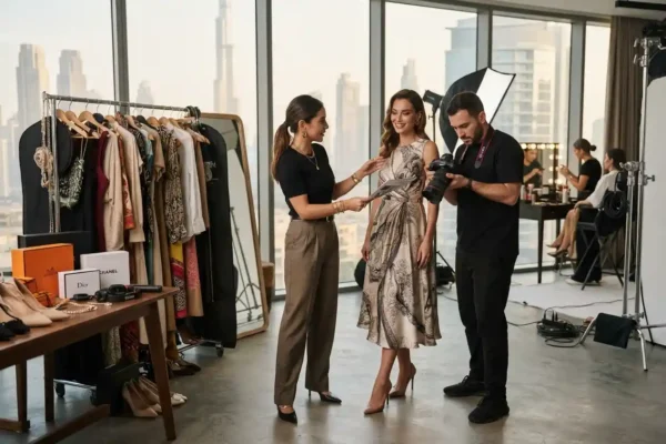 Fashion stylist preparing outfits during a professional fashion photoshoot in Dubai