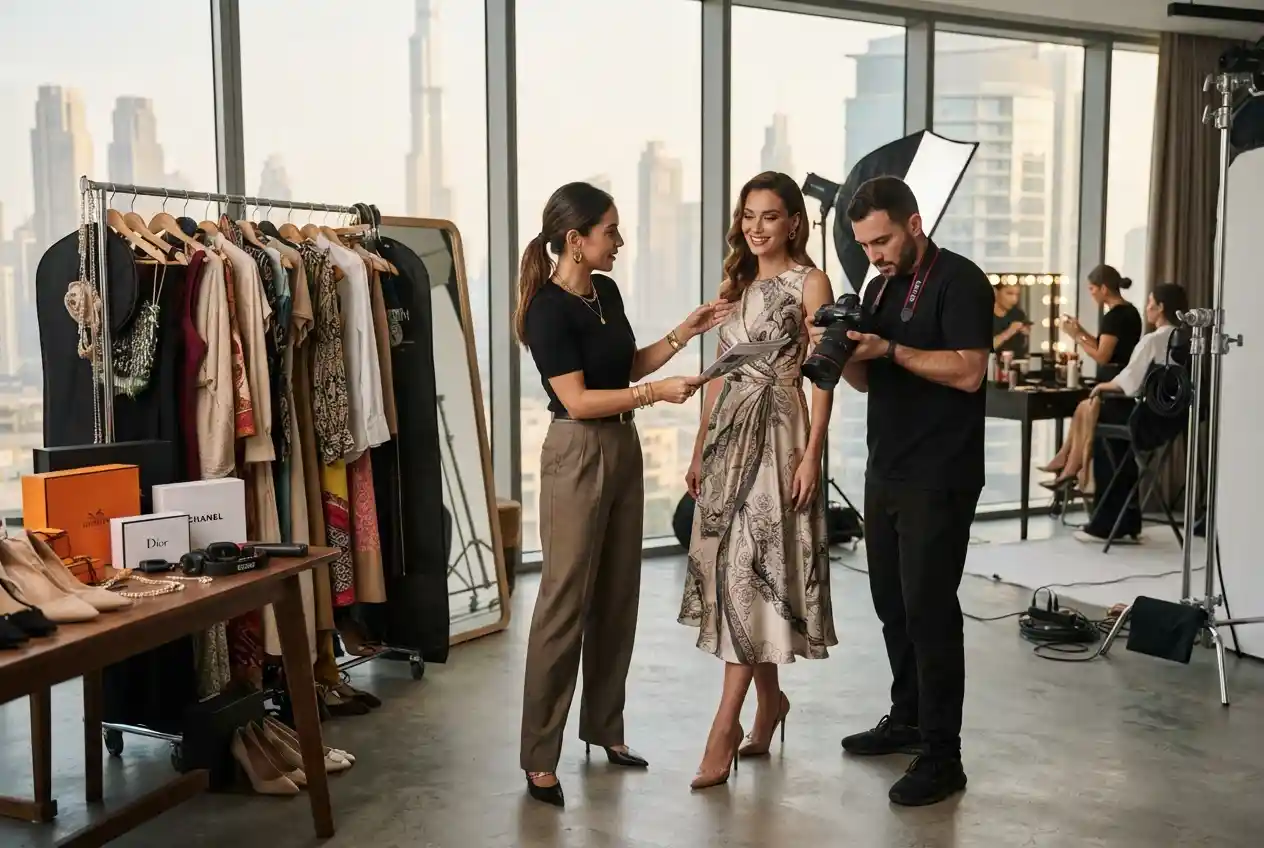 Fashion stylist preparing outfits during a professional fashion photoshoot in Dubai