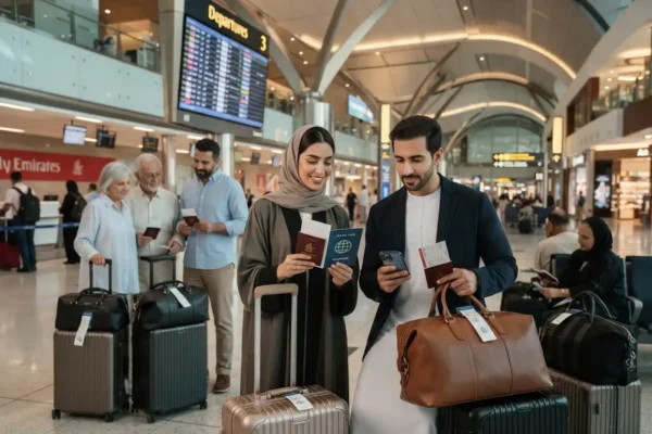 Group of UAE travelers preparing for international travel insurance