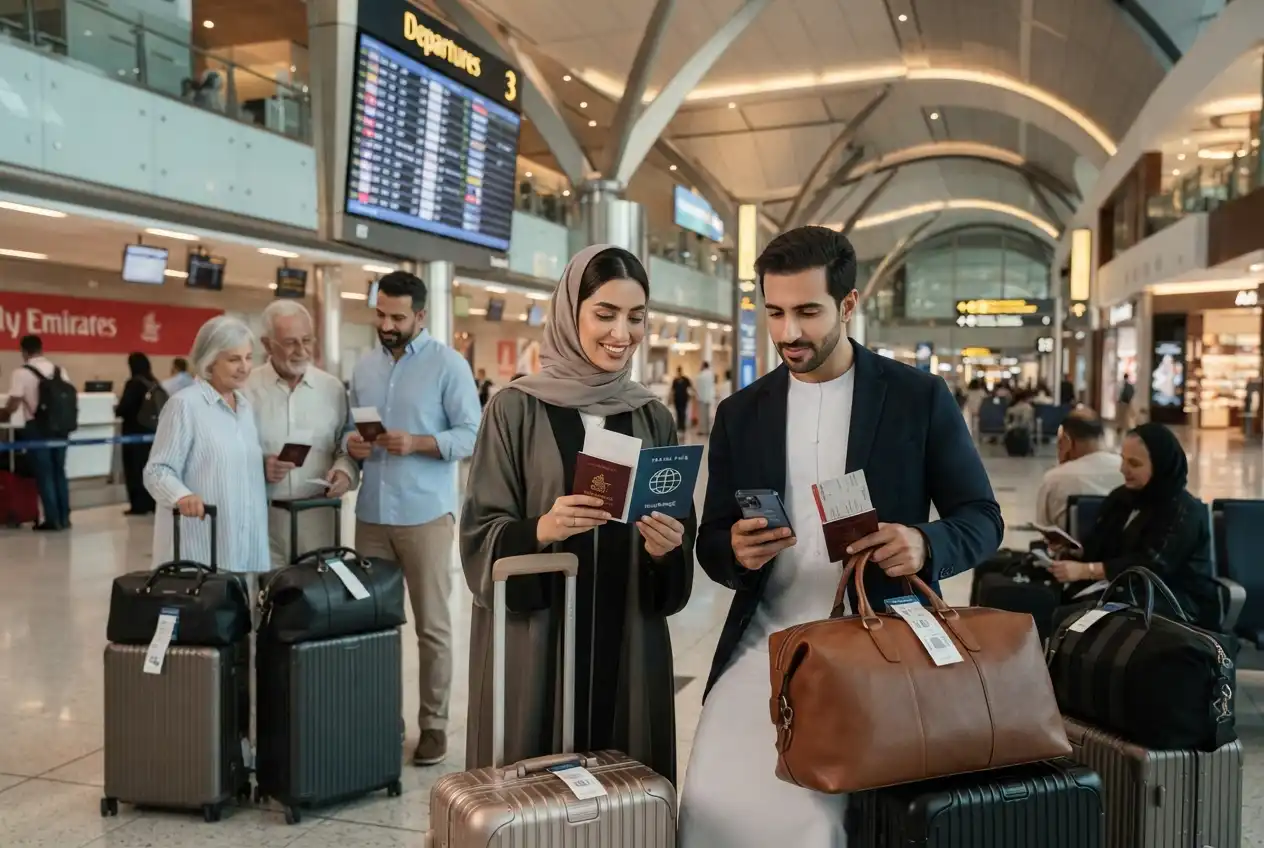 Group of UAE travelers preparing for international travel insurance