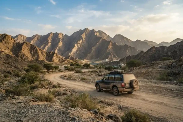 Hatta desert and mountain landscape with safari vehicle