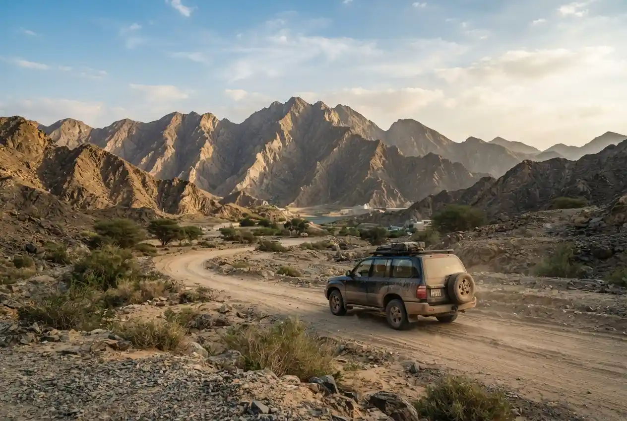 Hatta desert and mountain landscape with safari vehicle