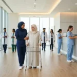 Healthcare assistant supporting an elderly patient in a Dubai healthcare facility