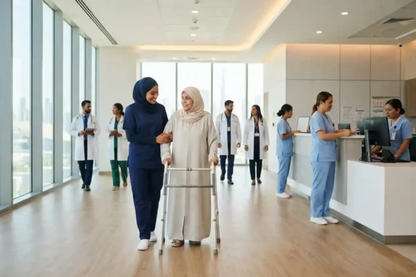 Healthcare assistant supporting an elderly patient in a Dubai healthcare facility