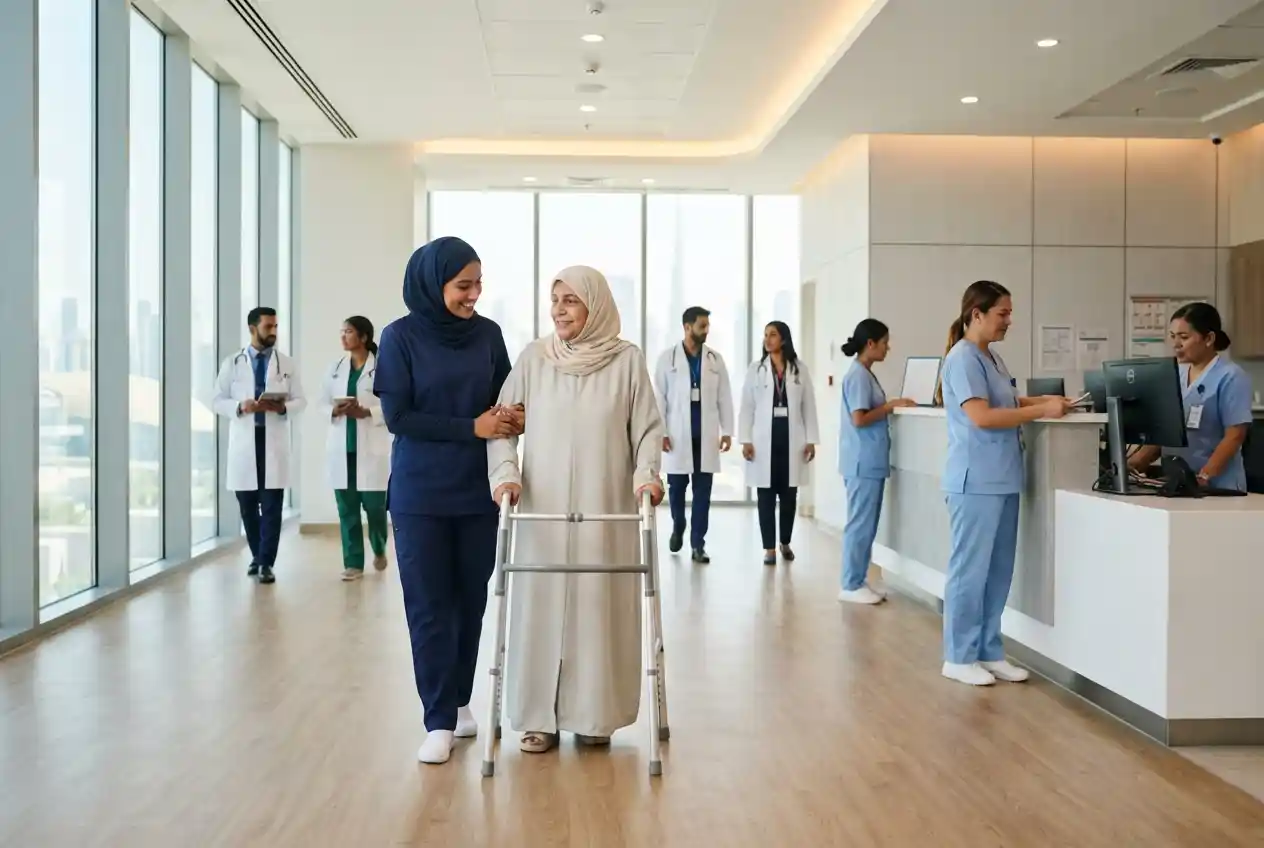 Healthcare assistant supporting an elderly patient in a Dubai healthcare facility