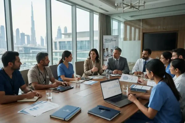 Healthcare consultants meeting with hospital executives in Dubai